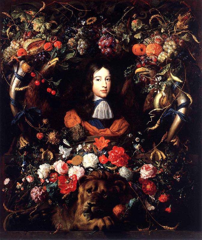 Jan Davidsz. de Heem Garland of Flowers and Fruit with the Portrait of Prince William III of Orange Sweden oil painting art